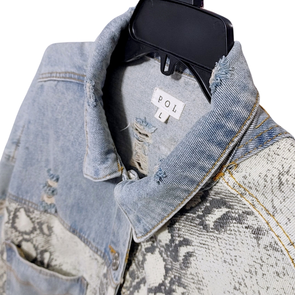 POL Snakeskin Patch Button Up Dustressed Denim Jean Jacket Women's Size Large L - Picture 11 of 15